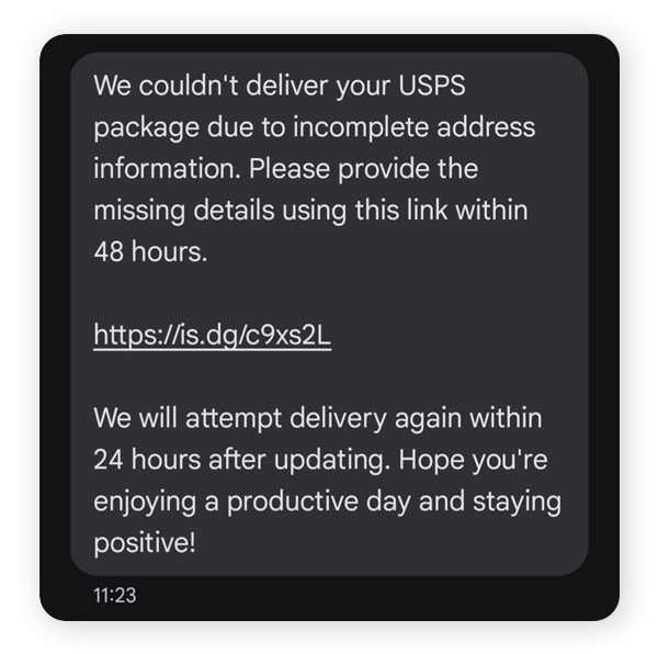 A USPS text message scam claiming the recipient needs to update their address.